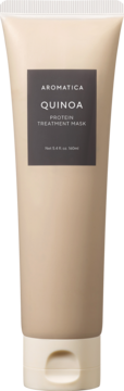 Beżowa tubka maski do włosów AROMATICA QUINOA Protein Treatment Mask, z przodu, ciemnoszara etykieta.