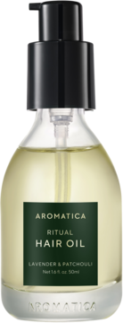 Odżywczy olejek do włosów Aromatica Lavender & Patchouli w przezroczystej butelce z pompką, widok z przodu.