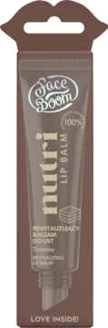 Rewitalizujący balsam do ust Face Boom Nutri Tiramisu w brązowej tubce, w kartonowym opakowaniu z wieszakiem w kształcie ust.