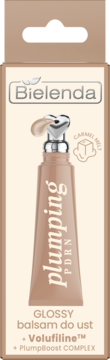 Beżowe pudełko Bielenda Plumping PDRN Glossy Balsam do Ust Carmel Melt z widoczną tubką i aplikatorem z produktem.