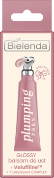 Bielenda Plumping PDRN Glossy Balsam do Ust w różowym kartoniku, z widoczną tubką i sercowatym aplikatorem, Rose Glazed.