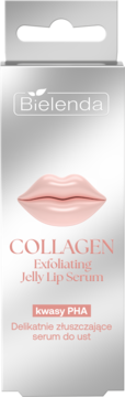 Bielenda Collagen Exfoliating Jelly Lip Serum z kwasami PHA w srebrnym opakowaniu z grafiką różowych ust.