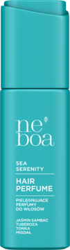 Front turkusowej butelki neboa Sea Serenity Hair Perfume. Pielęgnujące perfumy do włosów: jaśmin, tuberoza, tonka, migdał.