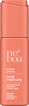 ne'boa Sweet Grace perfumy do włosów w koralowej butelce, zapach praliny, kokosa i gruszki, widok z przodu.