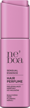 Różowe perfumy do włosów Neboa Sensual Essence z białym piżmem, cedrem, plumerią i neroli, widok z przodu.