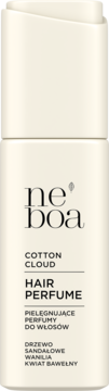 neboa Cotton Cloud Hair Perfume w kremowej butelce, z przodu widać skład: drzewo sandałowe, wanilia, kwiat bawełny.