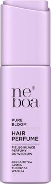 Fioletowy perfum do włosów Neboa Pure Bloom o kwiatowym zapachu bergamotki, jaśminu, tuberozy i wanilii, widok z przodu.