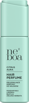 Neboa Hair Perfume Citrus Aura w miętowej butelce, widok z przodu. Cytrusowo-zielony, świeży zapach.