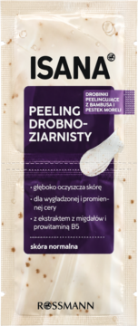 ISANA peeling drobnoziarnisty z bambusem i pestkami moreli do skóry normalnej, beżowa saszetka, przód.
