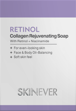 SKINEVER Retinol Collagen Rejuvenating Soap, lawendowo-białe opakowanie, z niacynamidem dla gładkiej skóry twarzy i ciała.