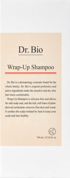 Front of Dr. Bio Wrap-Up Shampoo box, light beige with black text, highlighting gentle care & 750ml volume.