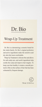 Etykieta Dr. Bio Wrap-Up Treatment na beżowym tle, z opisem produktu i pojemnością 750 ml.