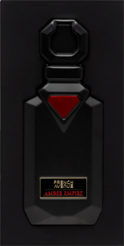 Stylizowany czarny flakon perfum French Amber Empire, z czerwoną ozdobą i złotym napisem, widok z przodu.