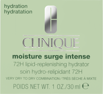 Nawilżający krem-żel Clinique Moisture Surge Intense 72H, front jasnobeżowego opakowania 30ml.