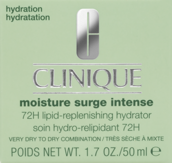 Clinique Moisture Surge Intense 72H hydrator w jasnozielonym opakowaniu, widok z przodu, srebrne logo i tekst.