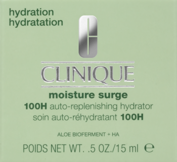 Pudełko jasnozielonego hydratora Clinique Moisture Surge 100H, widok z przodu, ze srebrnym logo.