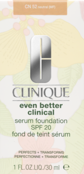 Białe pudełko podkładu Clinique Even Better Clinical Serum Foundation SPF 20, odcień CN 52 neutral, z zielonym wzorem.