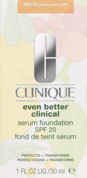 Front of Clinique Even Better Clinical Serum Foundation SPF 20 box, shade WN 46 golden neutral, 30ml.