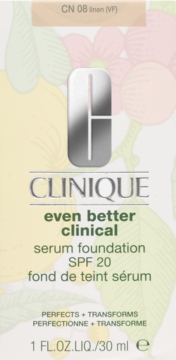 Clinique Even Better Clinical Serum Foundation SPF 20, shade CN 08 linen, light box with floral pattern, front view.