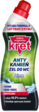 Kret Żel do WC Antykamień Lime. Butelka zielono-czarna z czerwoną nakrętką, widok z przodu. Bakteriobójczy, usuwa kamień.