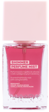 Shimmer Perfume Mist, różowa mgiełka do włosów i ciała w butelce, z nutami bergamotki i wanilii, widok z przodu.
