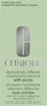 Clinique Dramatically Different Moisturizing Lotion with pump, light green box, front view, 125ml.