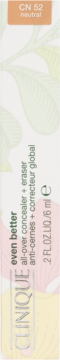 Clinique Even Better Concealer + Eraser CN 52 neutral, white vertical box with light leaf print.
