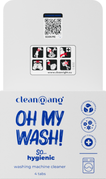 Biało-niebieskie opakowanie clean@ang OH MY WASH!, 4 tabletki do czyszczenia pralki, z dużym napisem i kodem QR.