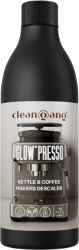 Matowa czarna butelka GLOW PRESSO clean@ang, odkamieniacz do ekspresów i czajników, z grafiką ekspresu na etykiecie.