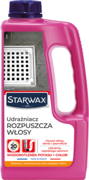 Różowy udrażniacz Starwax do rur, rozpuszczający włosy, z potasem i chlorem, widok z przodu butelki z uchwytem.