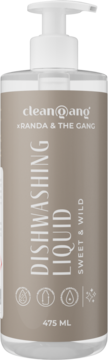 clean@ang x RANDA & THE GANG płyn do naczyń Sweet & Wild, 475 ml, beżowa butelka z pompką.
