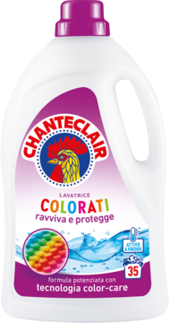 Chanteclair płyn do prania Colorati, biała butelka z fioletem, przód. Ożywia i chroni kolory, technologia color-care.