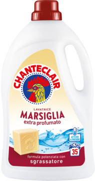 Chanteclair Płyn do prania Marsylia, biała butelka z logo koguta, aktywny w niskich temperaturach.