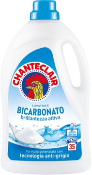 Chanteclair Płyn do prania Bicarbonato Aktywny Blask, formuła anti-grigio, biała butelka, widok z przodu.