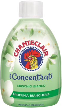 Zielona butelka Chanteclair Profuma Biancheria Muschio Bianco, białe kwiaty i logo koguta, widok frontalny.