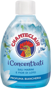 Chanteclair Profuma Biancheria, błękitna butelka z logo koguta, zapach Sól Morska i Kwiat Lotosu, widok z przodu.