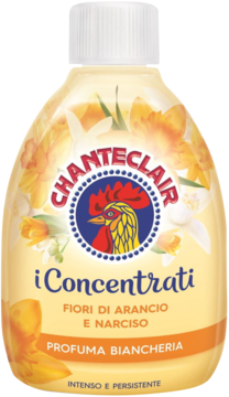 Chanteclair i Concentrati Profuma Biancheria, żółta butelka z etykietą Kwiaty Pomarańczy i Narcyza, widok z przodu.