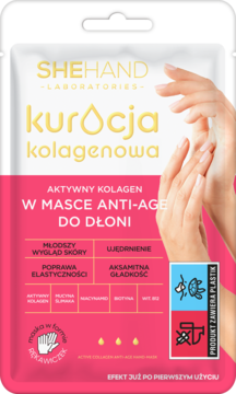 SHEHAND kolagenowa maska anti-age do dłoni, biało-różowa saszetka w kształcie rękawiczek, widok z przodu.