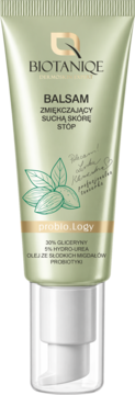 Balsam BIOTANIQE Probio.Logy do stóp z gliceryną i mocznikiem, w zielonej tubce z pompką, widok z przodu.