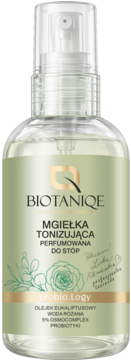 BIOTANIQE Mgiełka Tonizująca do Stóp, butelka spray z zieloną etykietą, róża, eukaliptus i probiotyki.