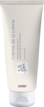 Anwen Crème de la Crème regenerating hair conditioner in a light beige tube with tonka & vanilla, front view.
