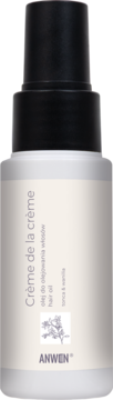 ANWEN Crème de la crème olej do włosów w jasnej butelce z czarnym atomizerem, przód, zapach wanilii i tonki.