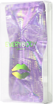 Holograficzny Lip Blind Box Everybody London w przezroczystym pudełku, z fioletowo-zielonym efektem irydescencji.