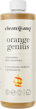 Przezroczysta butelka cleanQang orange genius, płyn czyszczący z olejkiem pomarańczowym. Biała etykieta z kroplą. Widok z przodu.