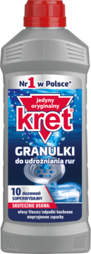 Kret Granulki do udrożniania rur, szara butelka z czerwoną nakrętką, widok z przodu, niebieska etykieta.