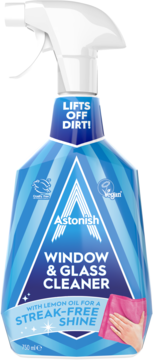 Astonish Window & Glass Cleaner, niebieska butelka z atomizerem. Widok z przodu, usuwa brud, dla połysku z cytryną.