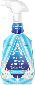 Astonish Daily Shower & Shine White Lilies, niebiesko-biały spray do łazienek z naturalnymi olejkami, widok z przodu.