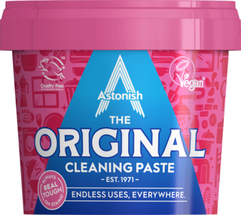 Różowa tuba Astonish The Original Cleaning Paste. Silna pasta czyszcząca, Vegan, widok z góry.