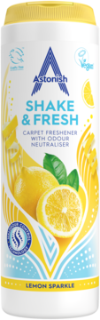 Biały odświeżacz do dywanów Astonish Shake & Fresh Lemon Sparkle z neutralizatorem zapachu, widok z przodu.