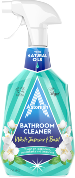 Astonish Bathroom Cleaner, White Jasmine & Basil, blue geometric spray bottle, with natural oils, 750ml, front.